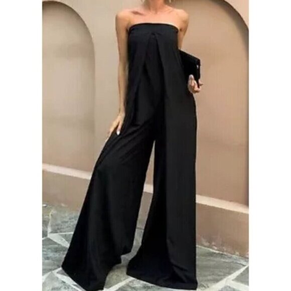 Zara Black Linen blend Super Wide Leg Strapless Jumpsuit  Blogger S - Picture 2 of 10